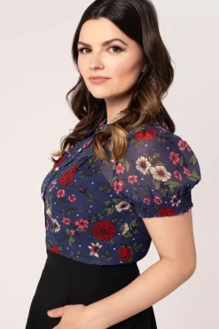 Hell Bunny Camellia Blouse Blue Clearance