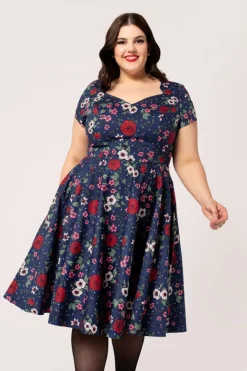 Hell Bunny Camellia Midi Dress Blue Discount