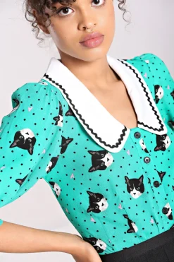 Hell Bunny Love Cats Blouse Green Best