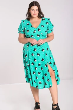 Hell Bunny Love Cats Midi Dress Green Sale