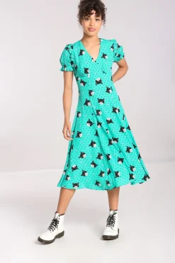 Hell Bunny Love Cats Midi Dress Green Sale