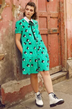 Hell Bunny Love Cats Mini Dress Green Discount