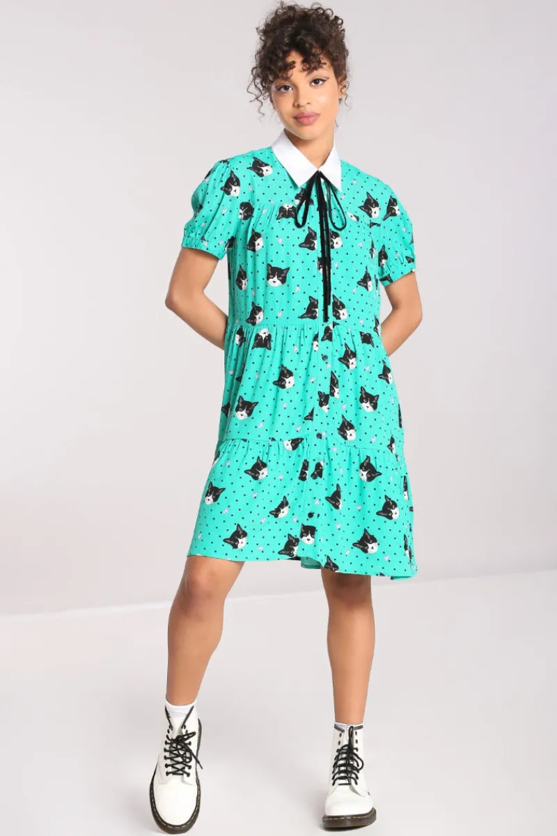 Hell Bunny Love Cats Mini Dress Green Discount