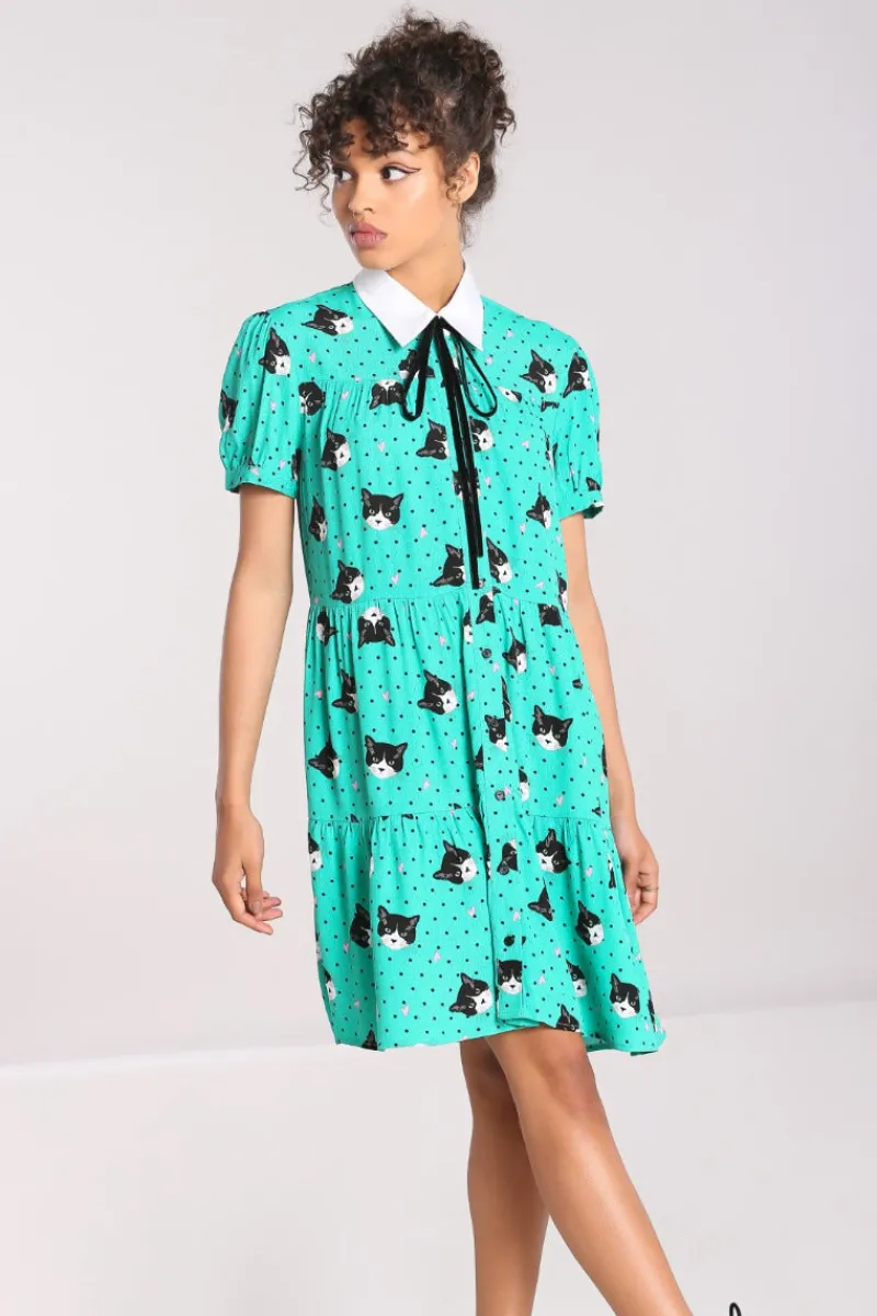 Hell Bunny Love Cats Mini Dress Green Discount