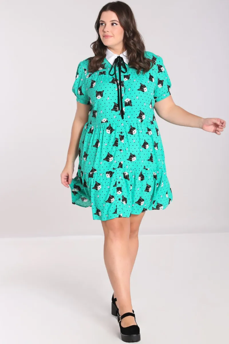 Hell Bunny Love Cats Mini Dress Green Discount