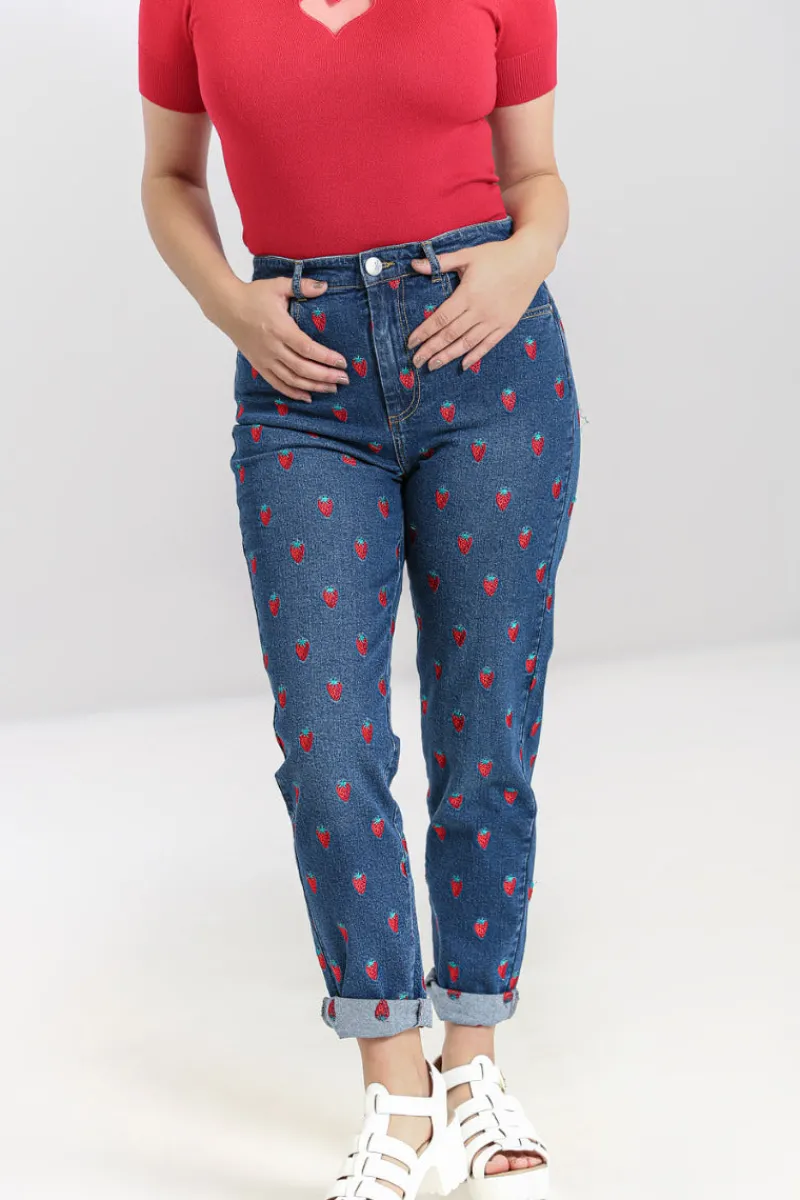 Hell Bunny Strawberry Denim Jeans Blue Outlet