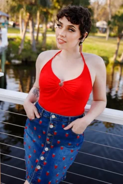 Hell Bunny Strawberry Denim Mini Skirt Blue Discount