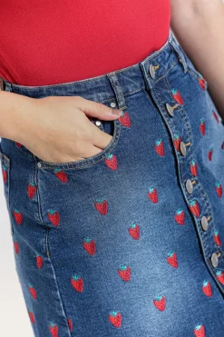 Hell Bunny Strawberry Denim Mini Skirt Blue Discount