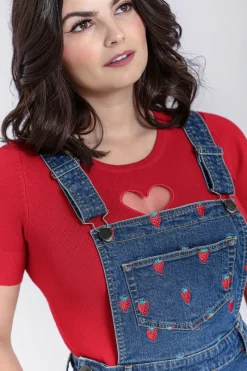 Hell Bunny Strawberry Denim Pinafore Dress Blue New
