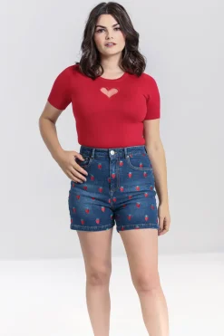 Hell Bunny Strawberry Denim Shorts Blue Hot