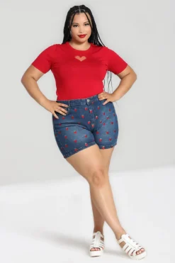 Hell Bunny Strawberry Denim Shorts Blue Hot